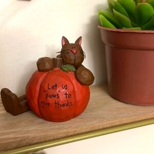 Autumn, Thanksgiving cat & pumpkin ceramic figurine "let us paws to give thanks"
